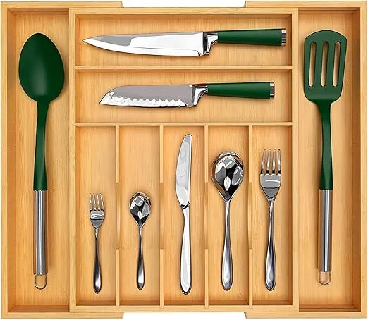 Bamboo Silverware Drawer Organizer, Expandable Utensil Drawers Organiser for kitchen, Adjustable Wooden cutlery organizer Large Silverware Holder tableware utensil Spoons Forks Knives (N-1)