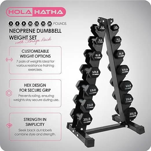 HolaHatha 2, 3, 5, 8, and 10 Pound Neoprene Dumbbell Free Hand Weight Set with Rack, Ideal for Home Exercises to Gain Tone and Definition, Pastel