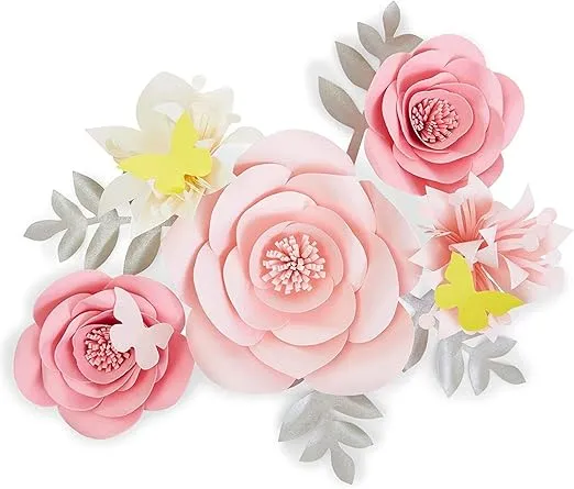 Farmlyn Creek 13 Pieces 3D Paper Flowers Decorations for Wall Decor, Pink Floral Ornamentation with Lilies, Butterflies, Quick and Easy-Install Elegant Flower Wall Decor for Home Improvement