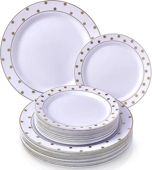 Silver Spoons Party 40 PC Dinner Side Plates Disposable Dinnerware Set | Charming Dots Collection, 20 Servings, White/Gold