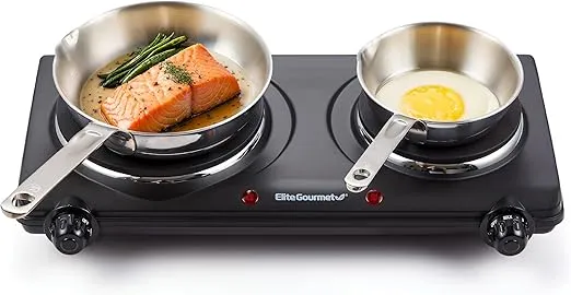 Elite Gourmet EDB-302BF# Countertop Double Cast Iron Burner, 1500 Watts Electric Hot Plate, Temperature Controls, Power Indicator Lights, Easy to Clean, Black