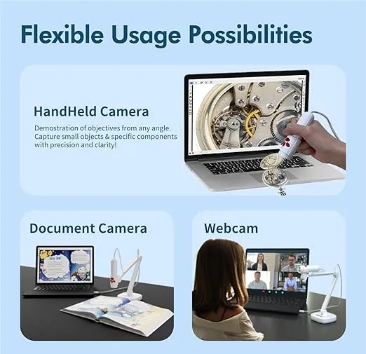 INS-3 Handheld Webcam/USB Document Camera for Classroom, Built-in Mic, Light, Auto Focus, Windows, Mac OS, Chromebook for Close-up Demo, Distance Learning, Teaching, Web Conferencing, IWBs