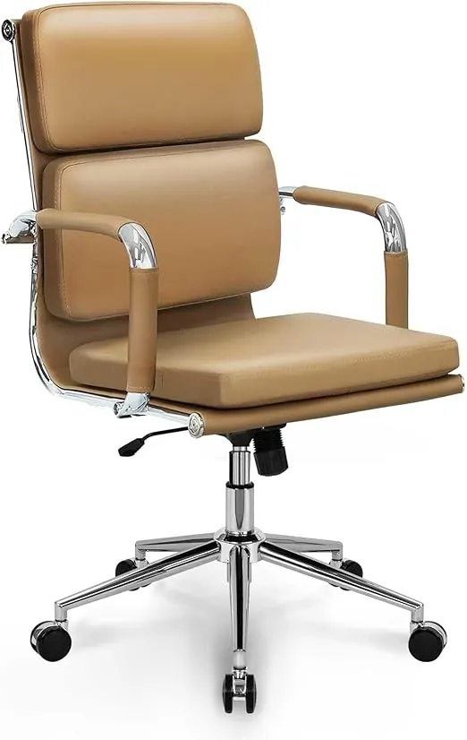 NEO CHAIR Office Desk Ergonomic Chair Leather Executive Mid-Back Modern Conference Comfy Adjustable Padded Swivel Rolling Home Vanity Chairs with Arms Wheels (Brown)