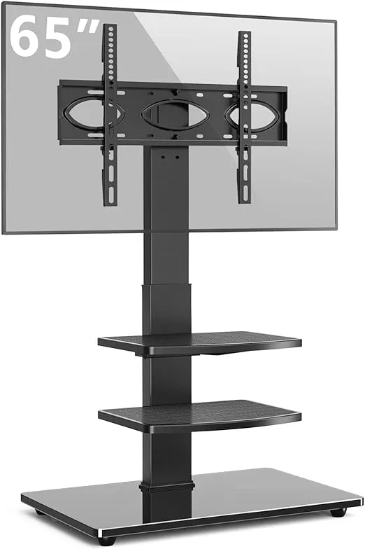 Rfiver Swivel Floor TV Stand with VESA Mount for 32 39 40 43 49 50 55 60 65 70 Inch Flat Screens/Curved TVs, 3-Shelf Tall Narrow TV Stand with Tempered Glass Base, Black Height Adjustable Mount Stand