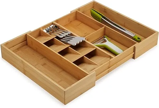 Joseph Joseph DrawerStore Expanding Silverware, Flatware, Utensil & Gadgets Organizer, Expandable in Drawer Space Saving Tray, Bamboo