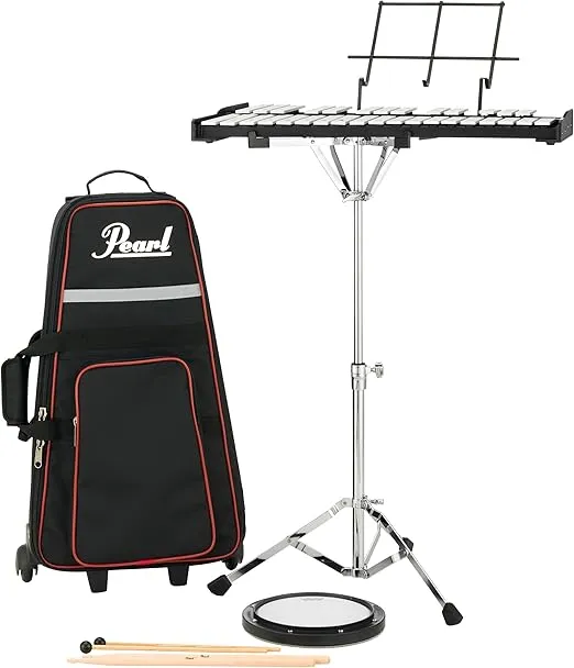 Pearl 32 Note Glockenspiel Bell Kit Student Educational Percussion Kit with Tunable Practice Pad, Rolling Carrying Case, Sticks and Mallets (PK910C)