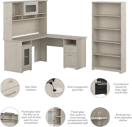 Bush Furniture Cabot 60W L Shaped Computer Desk with Hutch and 5 Shelf Bookcase in Linen White Oak