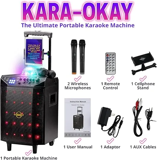 Starument Portable Karaoke Machine for Adults & Kids Complete Karaoke System Includes Bluetooth Speakers on Wheels, 2 Bluetooth Microphones, Disco Ball, LED Speaker Light, Cell Phone Stand & USB Aux