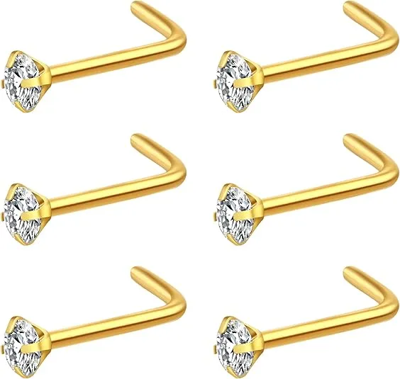 6Pcs Nose Studs L Shaped 20 Gauge Nose Piercings Nose Rings Studs Nose Piercing Jewelry Nose Piercing Stud Surgical Steel Nose Ring Nose Rings Studs Jewelry for Women Men 20G 2mm 2.5mm 3mm CZ Gold Silver Rose Gold