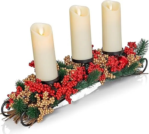 Ornativity Christmas Décor Candle Holder – Xmas Table Themed Candle Holder Centerpiece Decorations with Red and Gold Berries, Twigs, and Evergreens