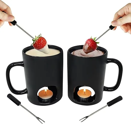 Kovot Personal Fondue Mugs Set of 2 | Ceramic Mugs for Chocolate or Cheese | Includes Forks and Tealights| Double Vented (Black)