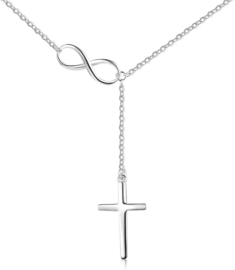 NA S925 Sterling Silver Infinity Cross Pendant Y Lariat Necklace for Women Birthday Baptism Easter Gift, 18 inch + 2 inch