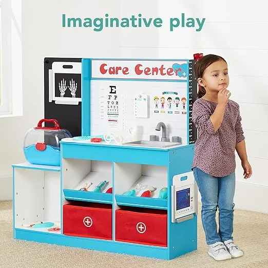 Best Choice Products Pretend Play Doctor's Office, Wooden Medical Center Toy Set for Kids w/ Carrying Case, All Accessories Included, Height Measurer, 2-Piece Costume - Blue