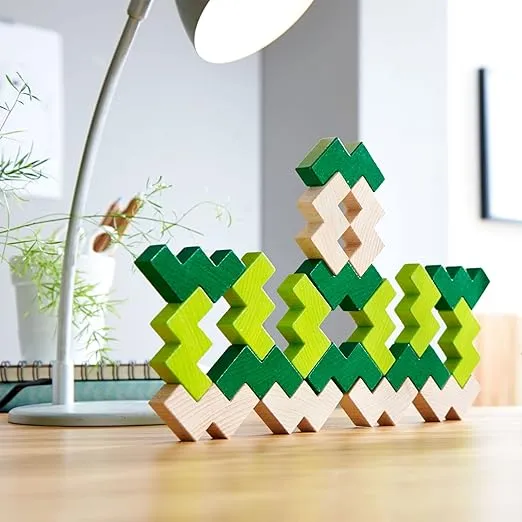 HABA 3D Wooden Blocks Viridis - 21 Piece Natural and Green Toned Beech Wood Building Set (Made in Germany)