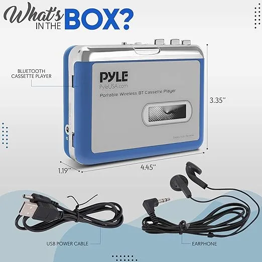 Pyle Bluetooth Cassette Player with Earphone - Tape Player Bluetooth Output to Headphone/Speaker - Bluetooth Walkman Cassette Player w/ Lid Switcher, AUX Port - Includes Earphone