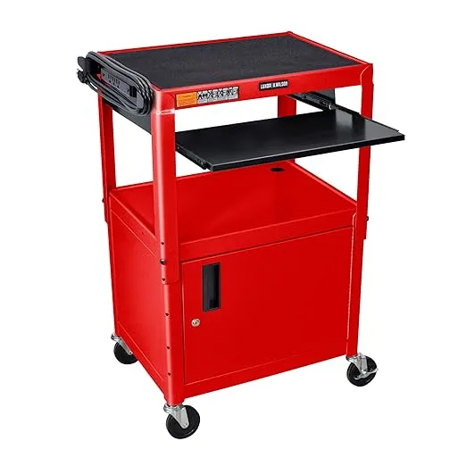 LUXOR AVJ42KBC-RD Steel AV Cart with Adjustable Height, Storage Cabinet and Keyboard Pullout Tray, Red