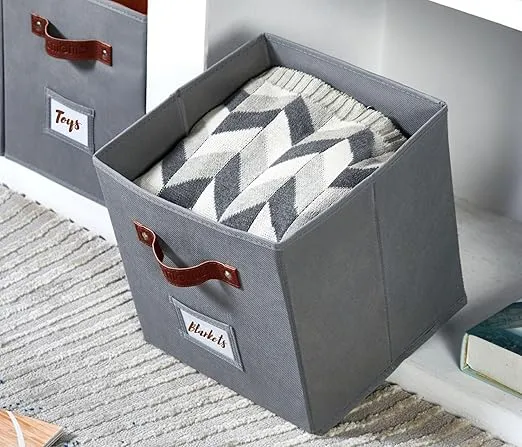 DECOMOMO Storage Bins | Cube Storage Bin with Label Holders, Fabric Storage Cubes for Organizing Shelves Closet Toy Clothes (10.5" x 11" / 6pcs, Grey)