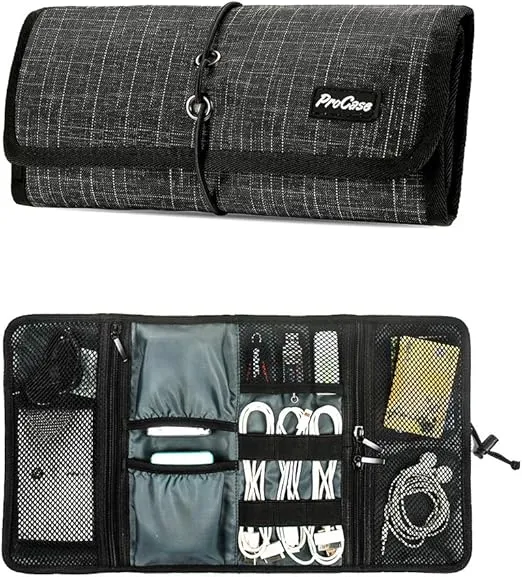 ProCase Electronic Organizer Cord Pouch, Travel Cable Charger Phone Accessories Bag Organizer Roll up Tech Carrying Case for USB Cables SD Memory Cards Earphone Flash Hard Drive