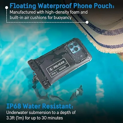 Pelican Marine - IP68 Waterproof Phone Pouch / Case (Regular Size) - Floating Waterproof Phone Case - iPhone 16 Pro Max/iPhone 15 Pro Max/14 Pro Max/13/12/S24/ Pixel 9 - Detachable Lanyard - Black