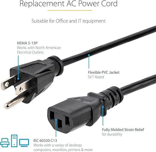 StarTech.com 10ft (3m) Computer Power Cord, NEMA 5-15P to C13, 10A 125V, 18AWG, Black Replacement AC Power Cord, Printer, PC Power Supply Cable, Monitor Power Cable - UL Listed (PXT101 10)