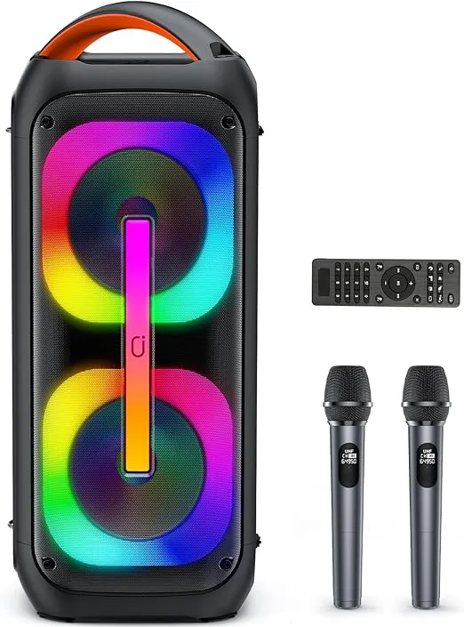 Karaoke Machine with 2 Wireless Microphones, 【Dual 60W 6.5"Subwoofer & 400W Peak】Big Loud Bluetooth Party Speaker with Disco Lights, Portable PA System with TWS Stereo Sound & Deep Bass, Gift for All