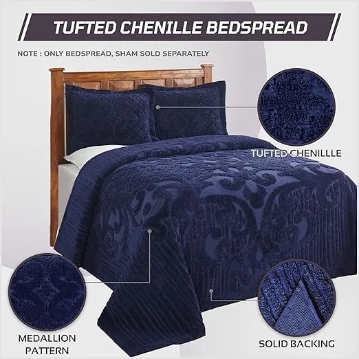 Better Trends Ashton Collection 100% Cotton Chenille Bedspread Medallion Design Full/Double Size Floral Design Bed Cover in Navy - Tufted Cotton Bedspreads, Lightweight Bedspread & Coverlets