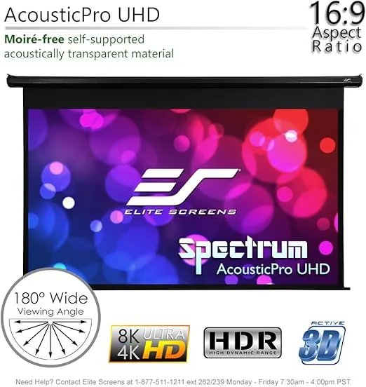 Elite Screens Spectrum AcousticPro UHD Series 125-inch Motorized Projector Screen Electric Projection screen, 16:9 4K ultra HD ready and moire-free wall ceiling installations Electric125H-AUHD