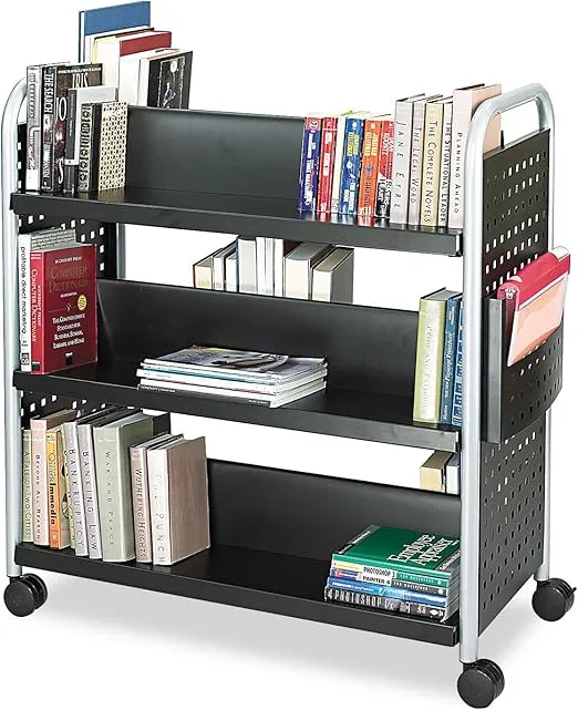 Safco Scoot Double-Sided Book Cart – 6 Slanted Shelves, Swivel Wheels, Steel Construction, 300 lb. Weight Limit -Perfect for Home, Office,Classrooms or Libraries Black, 5335BL