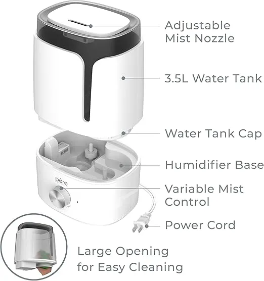 Pure Enrichment HUME Ultrasonic Cool Mist Humidifier - Easy-Clean 3.5L Tank Lasts up to 50 Hours; Whisper Quiet, & Auto Shut-Off for Large Living Rooms, Basements, Bedrooms, Nurseries, & Plants