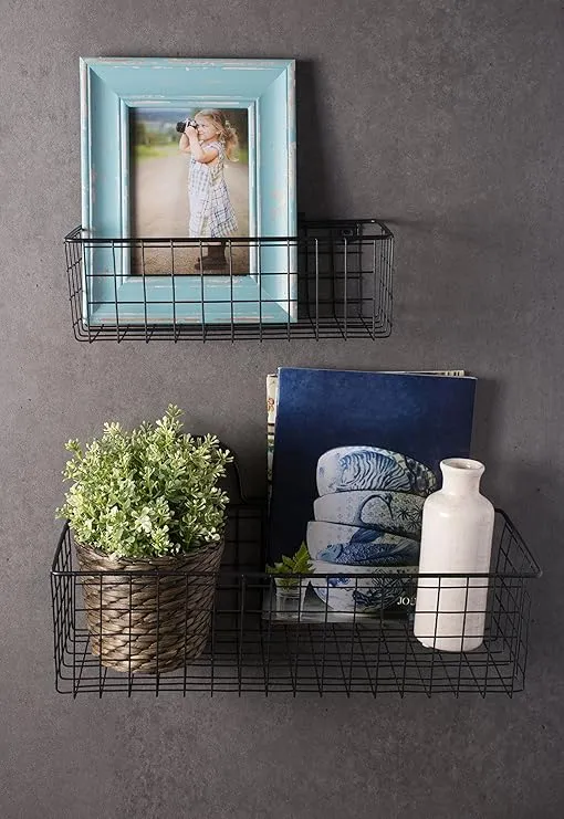 DII Farmhouse Vintage Décor, Wire Wall Basket, Small, Black, 2 Piece