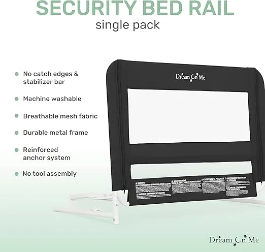 Dream On Me Lightweight Mesh Security Adjustable Bed Rail for Toddler, Breathable Mesh Fabric, Suitable for All Types of Beds, Reinforced Anchor System Bed Guard Rail, Black