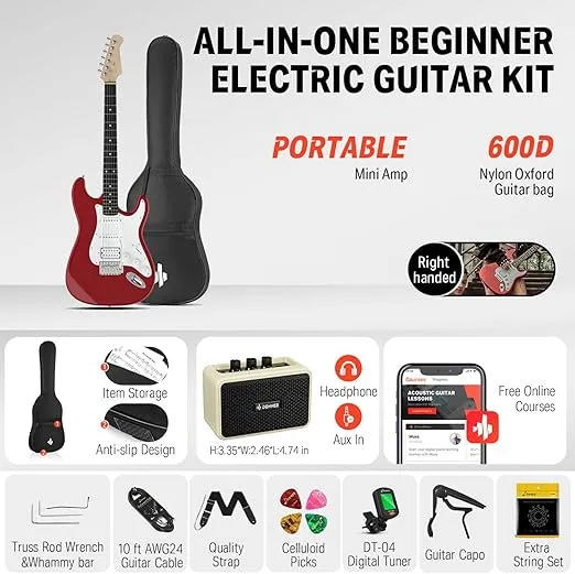 Donner 39-Inch Electric Guitar Starter Kit with Solid Body, HSS Pickup, Accessories, Amplifier, Lessons, and Digital Tuner - Red