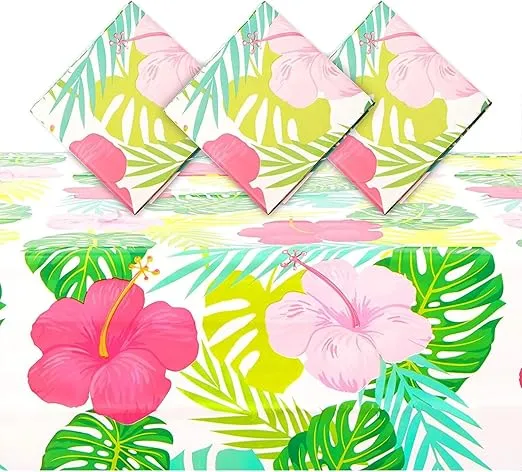 Sparkle and Bash 3 Pack Tropical Plastic Tablecloth, Hibiscus Floral Table Cover for Hawaiian Luau Party Supplies Decorations, 54" x 108"