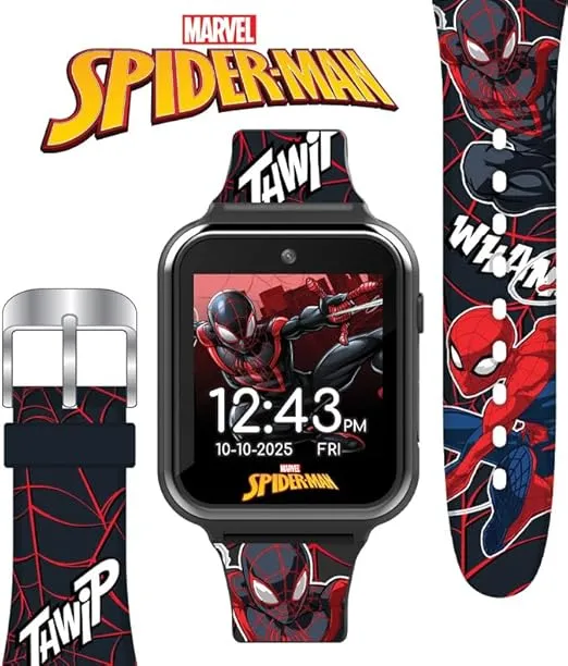 Accutime Kids Marvel Spider-Man Miles Morales Black Educational Touchscreen Smart Watch Toy for Boys, Girls, Toddlers - Selfie Cam, Learning Games, Alarm, Pedometer & More (Model: SPD4664AZ)