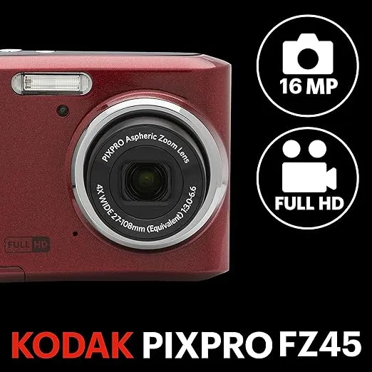 KODAK PIXPRO Friendly Zoom FZ45-RD 16MP Digital Camera with 4X Optical Zoom 27mm Wide Angle and 2.7" LCD Screen (Red)