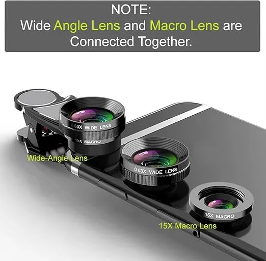 KINGMAS 3 in 1 Universal 198° Fish Eye Lens + 0.63X Wide-Angle Lens + 15X Macro Clip Camera Lens Kit for iPad iPhone Samsung Android and Most Smartphones (Black 3-in-1 (Upgrade))