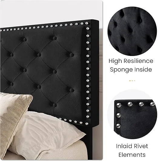 SHA CERLIN Queen Size Velvet Bed Frame with Adjustable Headboard, Diamond Button Tufted and Rivet Decor, No Box Spring Needed, Black