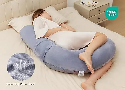 Momcozy Pregnancy Pillow, Original F Shaped Maternity Pillow for Pregnant Women with Adjustable Wedge Pillow, Full Body Support Pregnancy Pillows for Side Sleeping with Velvet Cover, Grey