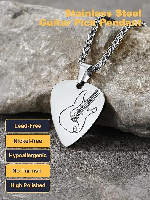 U7 Guitar Pick Necklace for Men Women, Guitar Pendant, Stainless Steel/Gold/Black R&B Music Jewelry Personalized Guitar Picks Pendant with 22 Inch Chain